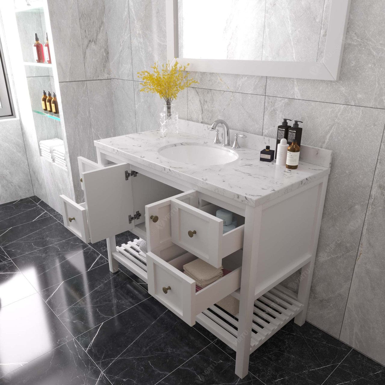 Winterfell 48" Bath Vanity in White with Cultured Marble Quartz Top drawers open