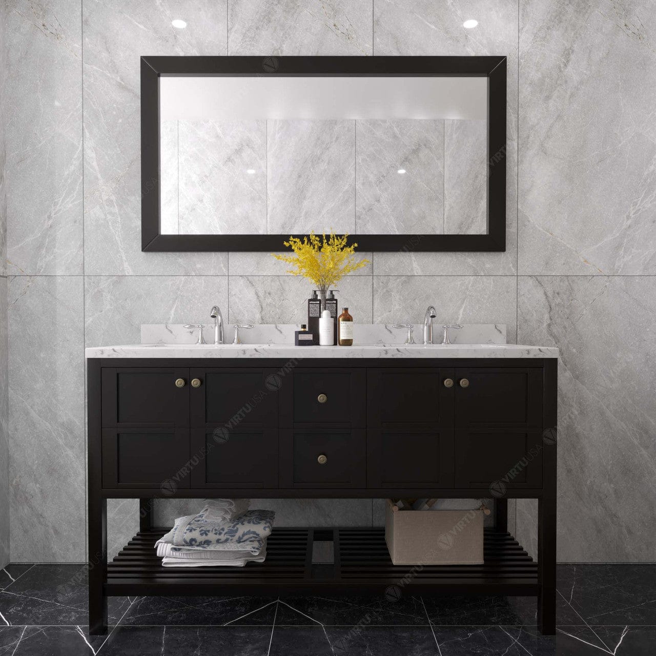 Winterfell 60" Bath Vanity in Espresso with Cultured Marble Quartz Top front view