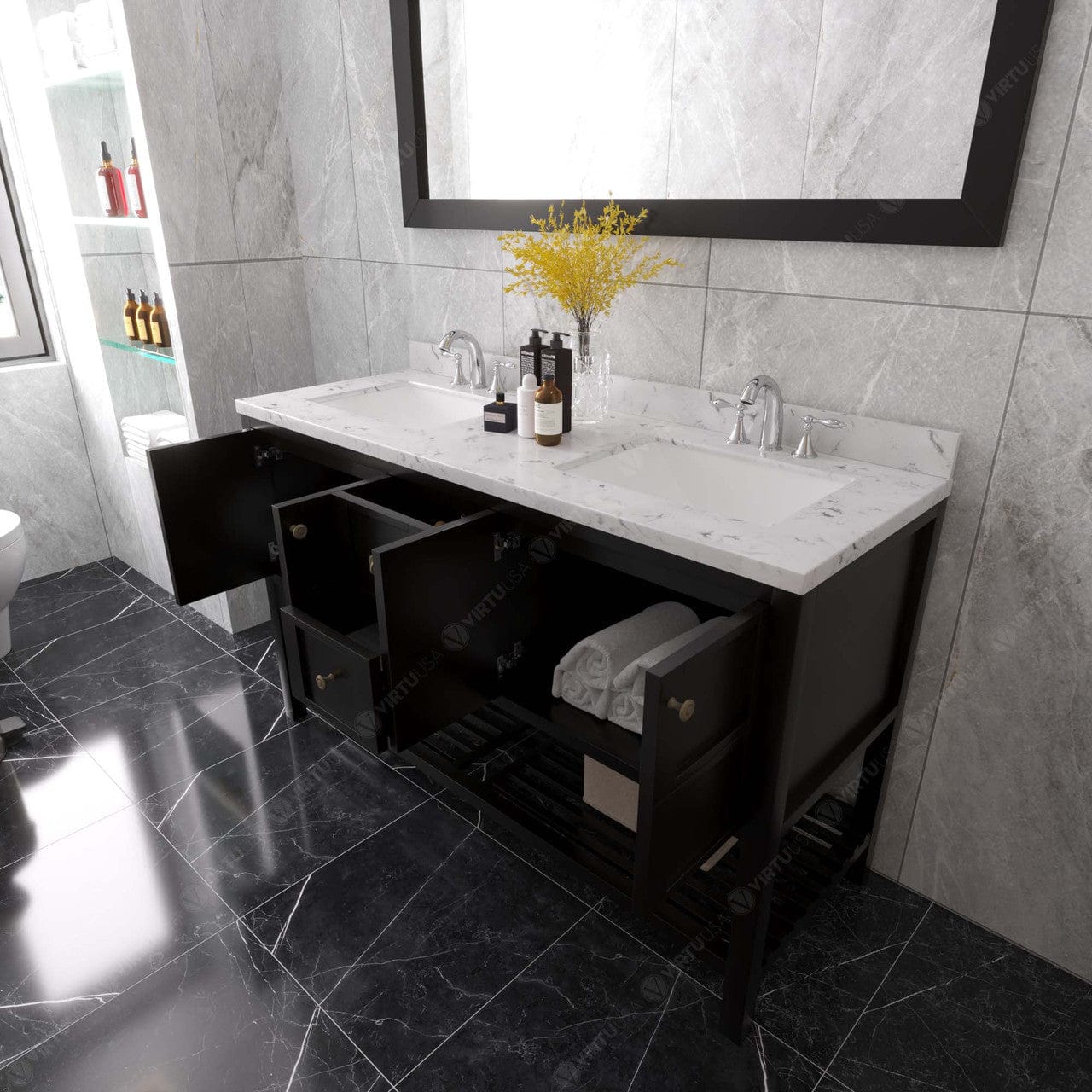 Winterfell 60" Bath Vanity in Espresso with Quartz Top by Virtu USA drawers open