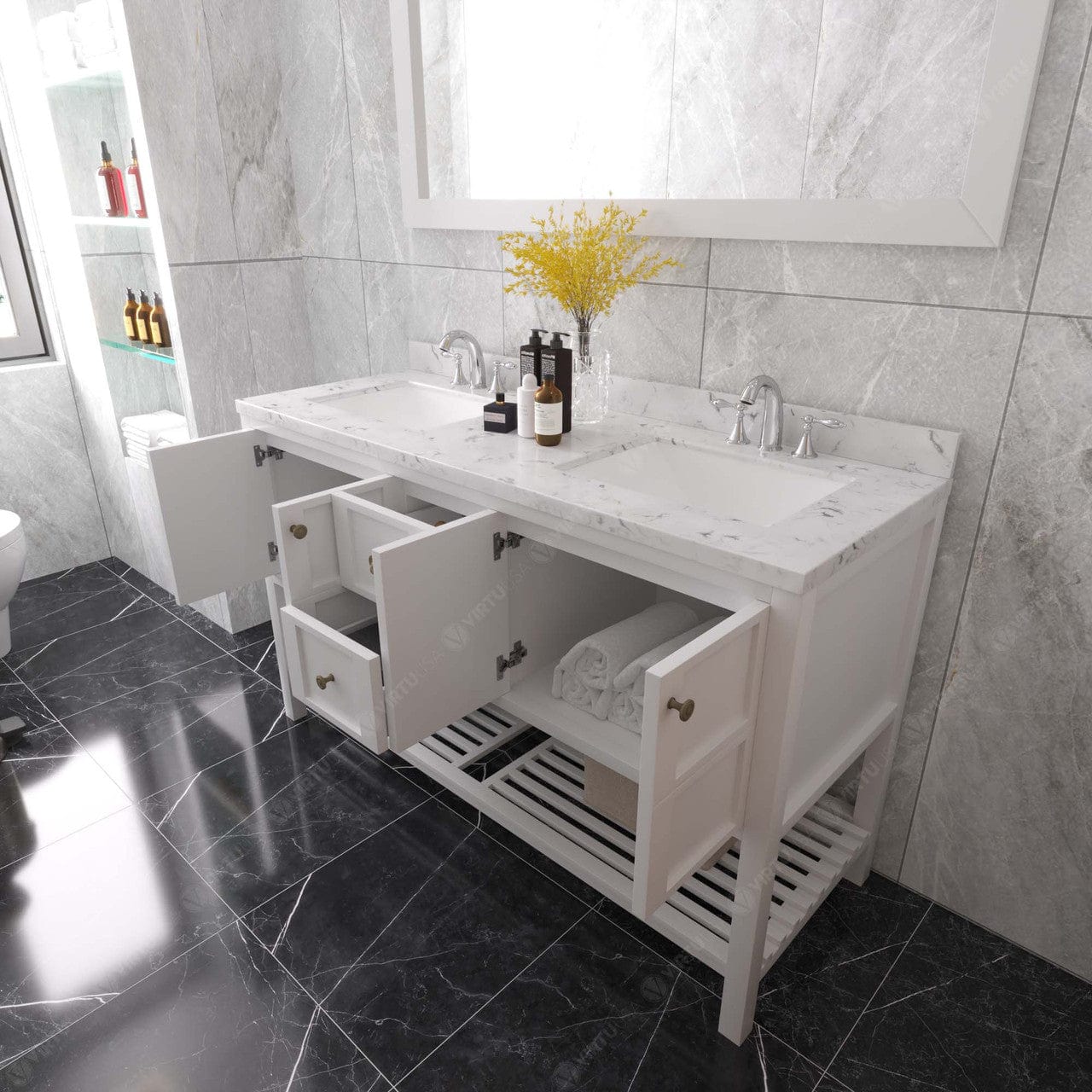 Winterfell 60" Bath Vanity in White with Cultured Marble Quartz Top drawers open