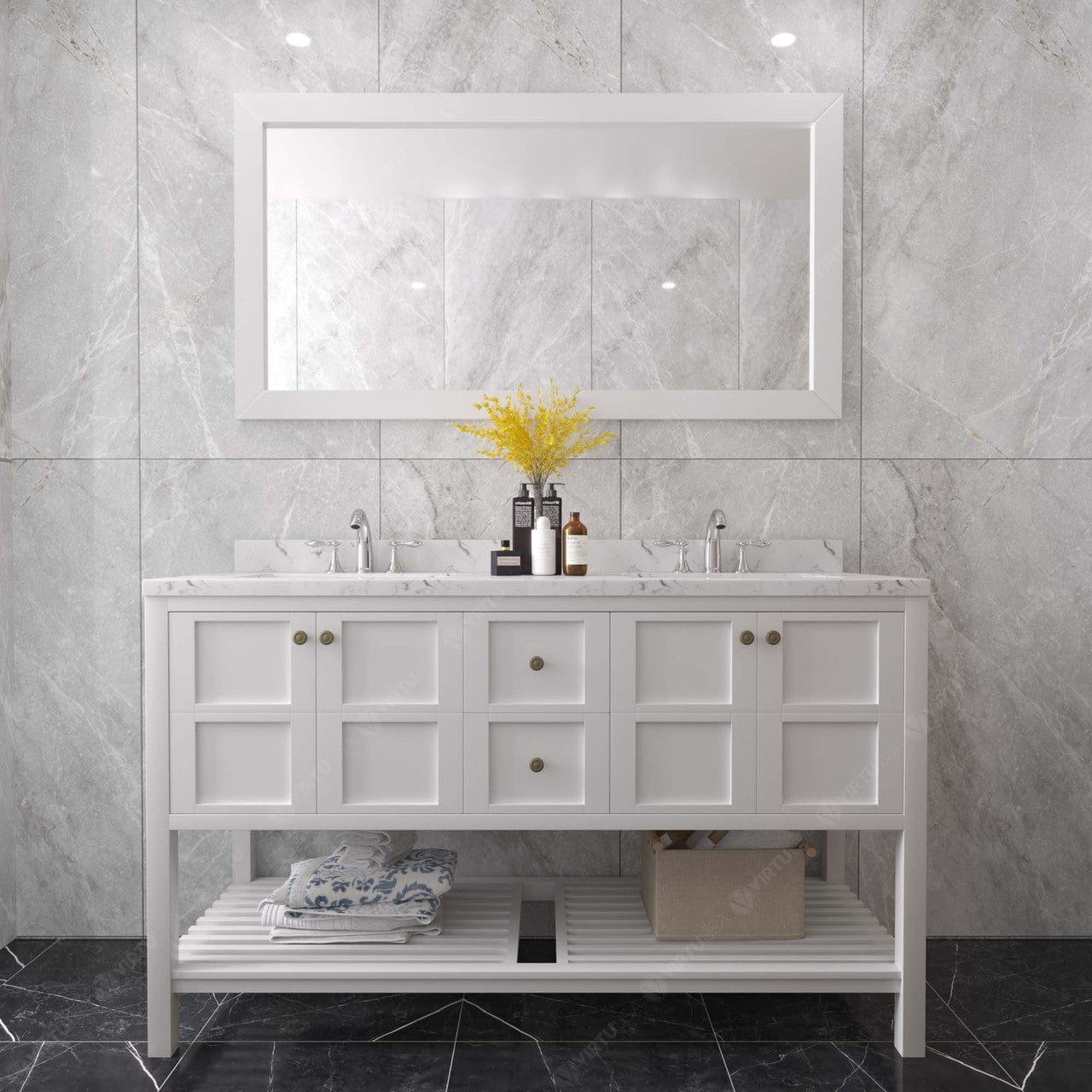 Winterfell 60" Bath Vanity in White with Cultured Marble Quartz Top by Virtu USA