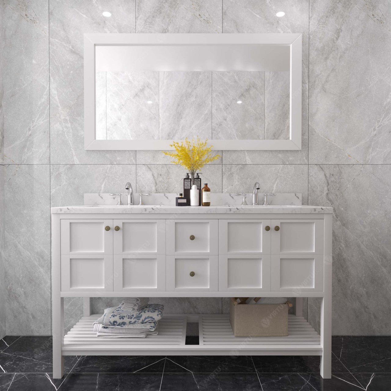 Winterfell 60" Bath Vanity in White with Marble Quartz Top front view