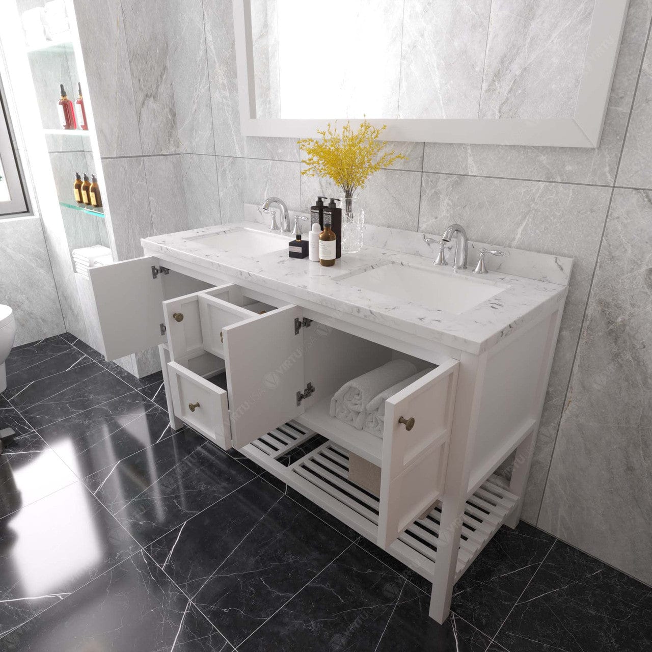 Winterfell 60" Bath Vanity in White with Marble Quartz Top drawers open